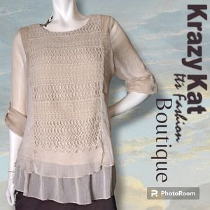 Sheer Natural Sand Tunic Detailed  Embroidery Top, Layered Ruffles Lined M/L